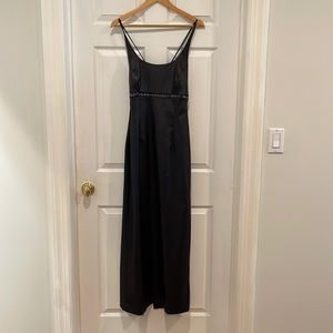 Elegant Black Satin evening gown with see-through rhinestone band